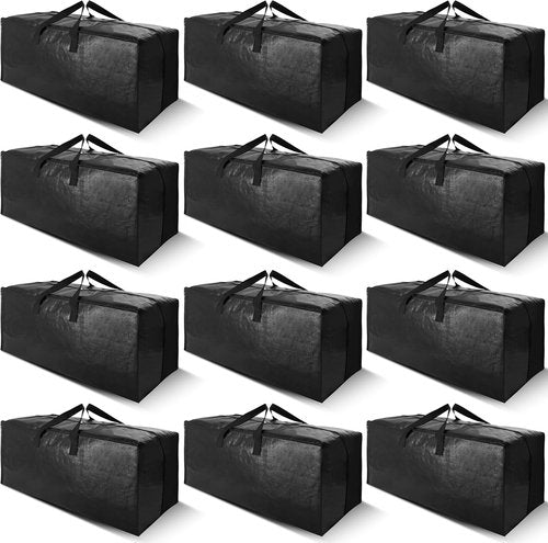 Cosy Family Heavy Duty Moving Bags - 12 Pack with Backpack Straps & Strong Handles | X-Large Black Storage Totes
