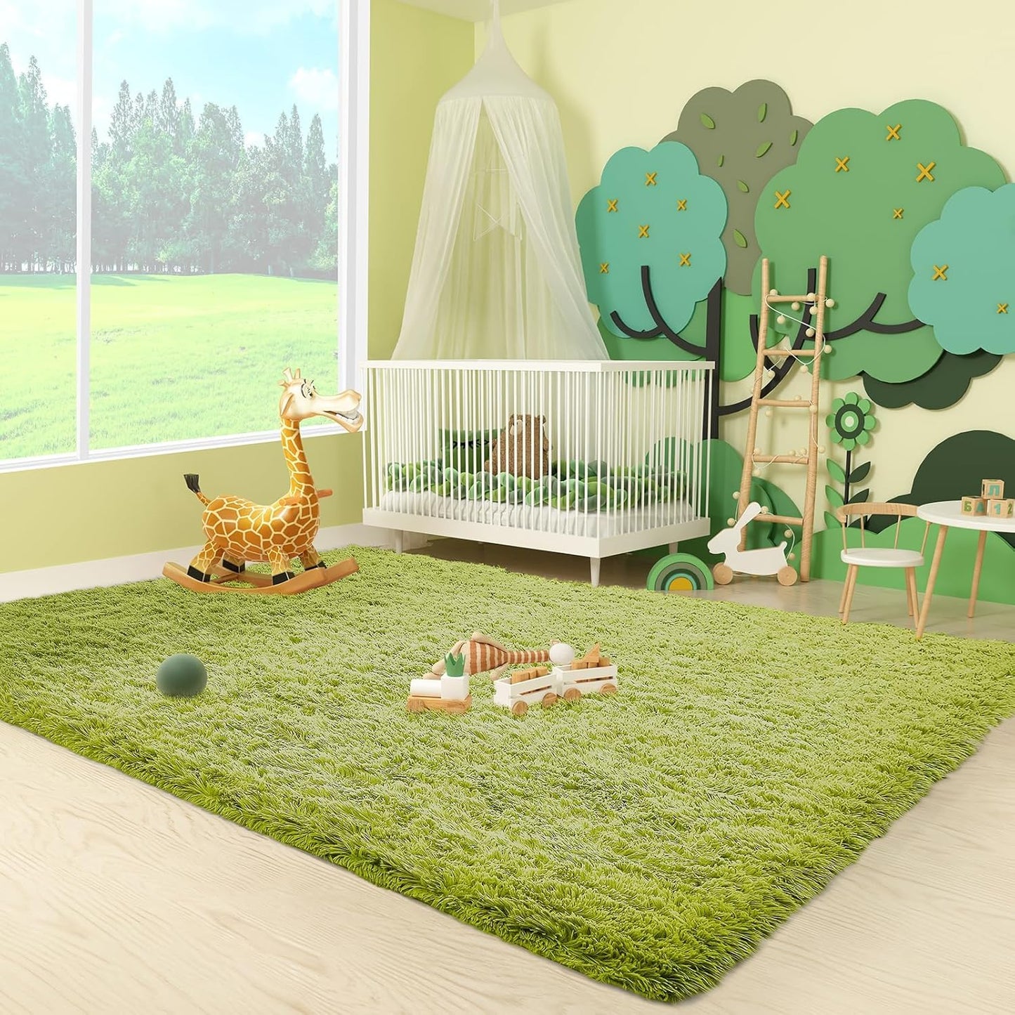 Ophanie Green Grass Area Rug - Soft Fluffy Shag Carpet for Bedroom | 3x5 Cute Plush Design