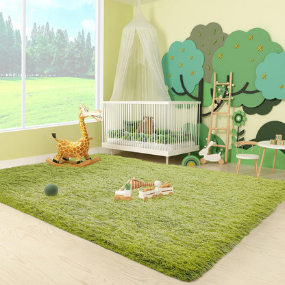 Ophanie Green Grass Area Rug - Soft Fluffy Shag Carpet for Bedroom | 3x5 Cute Plush Design