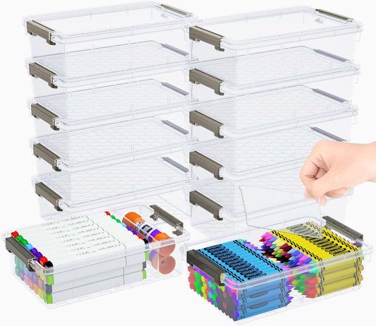 Skiennix Extra Large Pencil Box - Clear Stackable Organizer with Removable Divider | 12 Pack, Grey