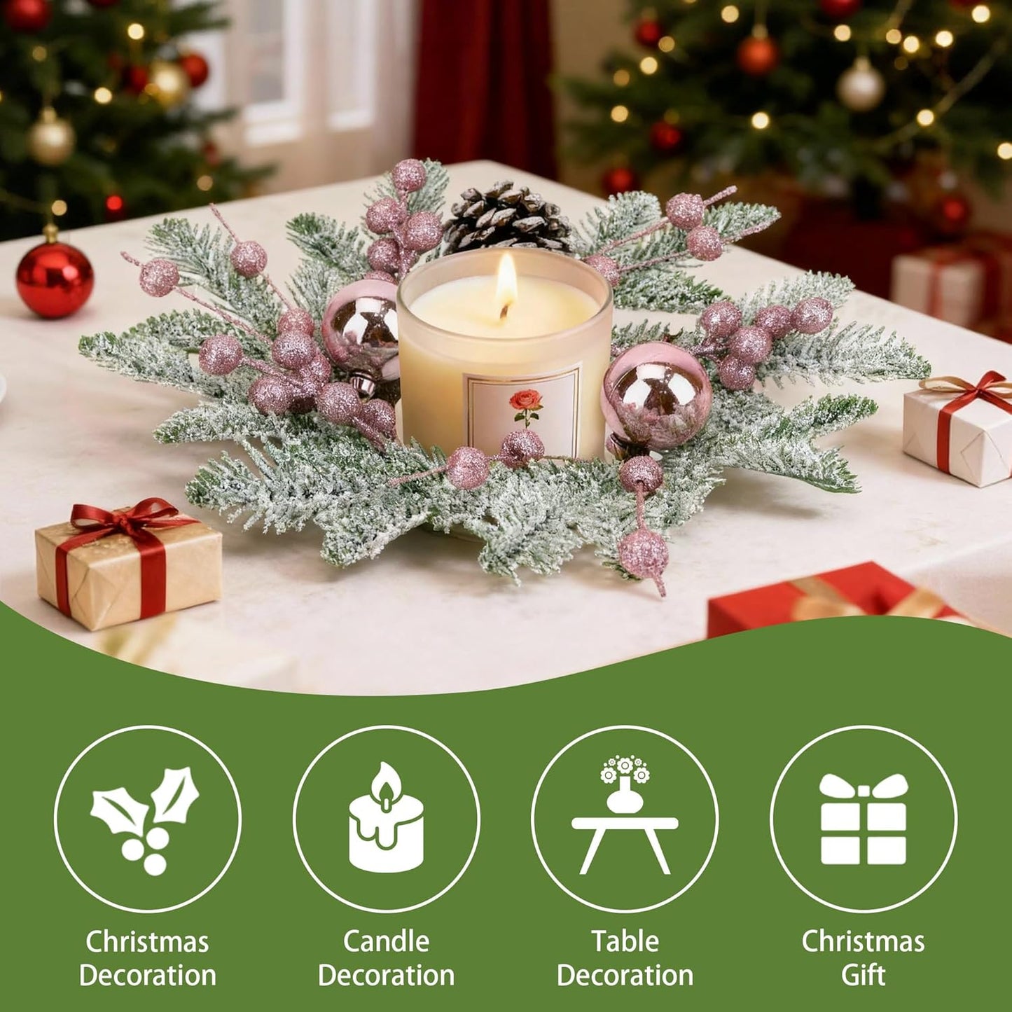 Regine Switzerland Christmas Candle Rings - 8" Small Wreaths with Pine Cones, Berries & Balls for Festive Table Decor (4, Pink)