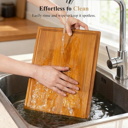 Bamboo Cutting Board Set - 2PCS Double-Sided Chopping Boards with Juice Grooves & Side Handle | Ideal for Meal Prep & Serving