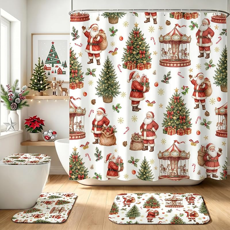 Santa Claus Shower Curtain Set - 4Pcs Holiday Bath Decor, 100% Polyester