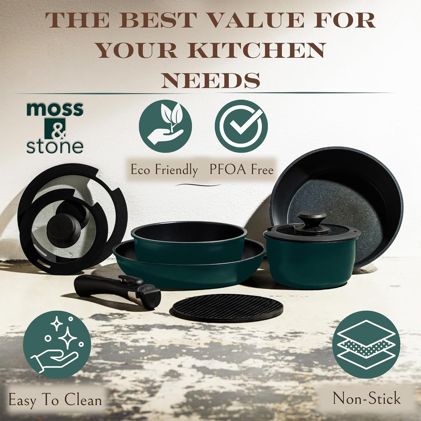 Moss & Stone Nonstick Aluminum Pots and Pans Set - 10-Piece Stackable Cookware in Blue | Dishwasher Safe