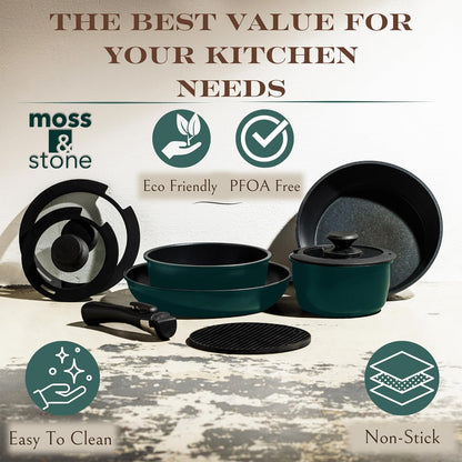 Moss & Stone Nonstick Aluminum Pots and Pans Set - 10-Piece Stackable Cookware in Blue | Dishwasher Safe