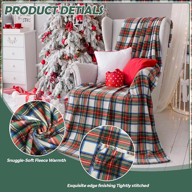 Christmas Tartan Plaid Throw Blanket 50x60 in - Double Sided Flannel, White