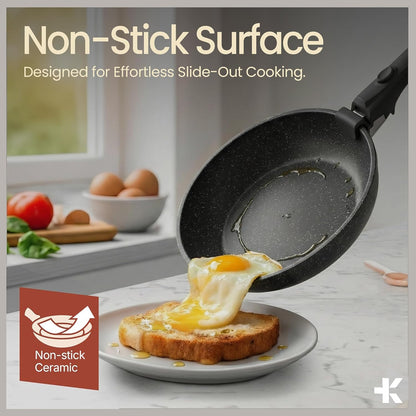 Skiennix Non-Stick Ceramic-Granite Pots & Pans Set - 15-Piece Space-Saving Cookware, Dishwasher & Oven Safe, Black Granite