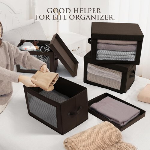 Homsorout Foldable Storage Boxes - Clear Window Clothes Organizers, Fabric Bins, Brown | 3 Pack