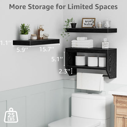 QEEIG Floating Bathroom Shelves - Stylish Wall Storage for Toilet Paper | Set of 3, 16-Inch, Black