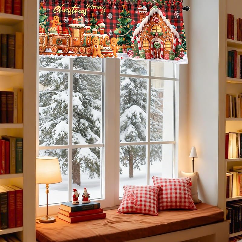 Gingerbread 2-Pack Christmas Valance Curtain 51x18 in - Peachskin Velvet, Rod Pocket