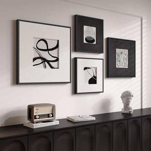 Framed 3D Textured Black And White Abstract Wall Art - 4 Piece Modern Paintings For Home Decor