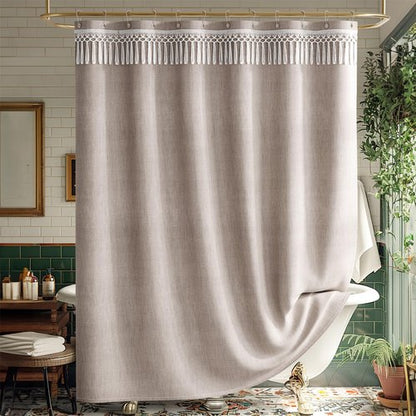 AmazerBath Taupe Boho Shower Curtain with Tassels, Linen Textured Farmhouse Shower Curtain Set with 12 Hooks, Washable Water-Repellent Neutral Fabric, 72x72 Inches Tan