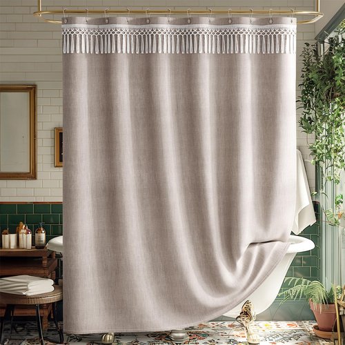 AmazerBath Taupe Boho Shower Curtain with Tassels, Linen Textured Farmhouse Shower Curtain Set with 12 Hooks, Washable Water-Repellent Neutral Fabric, 72x72 Inches Tan