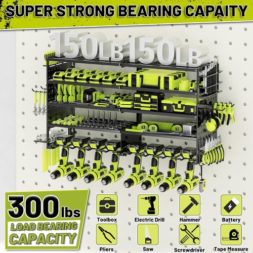 5 Layers Power Tool Organizer - Heavy-Duty Metal Wall Mount Storage Rack with 8 Drill Holders | Black