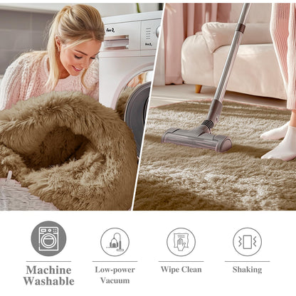 OLANLY Taupe Round Rugs for Bedroom - Machine Washable, 6 ft Circle Area Rugs for Living Room, Soft and Fluffy Shaggy Carpet for Teen Girl and Boys, Nursery Rooms, Dorms, Home Decor Aesthetic