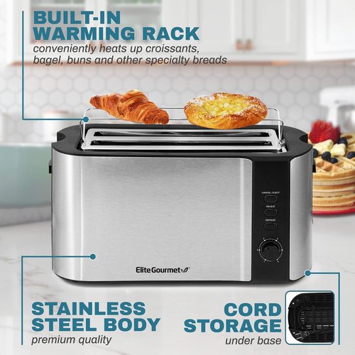 Elite Gourmet ECT-3100 Long Slot 4-Slice Toaster - Extra Wide Slots, 6 Toast Settings, Stainless Steel & Black