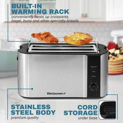Elite Gourmet ECT-3100 Long Slot 4-Slice Toaster - Extra Wide Slots, 6 Toast Settings, Stainless Steel & Black