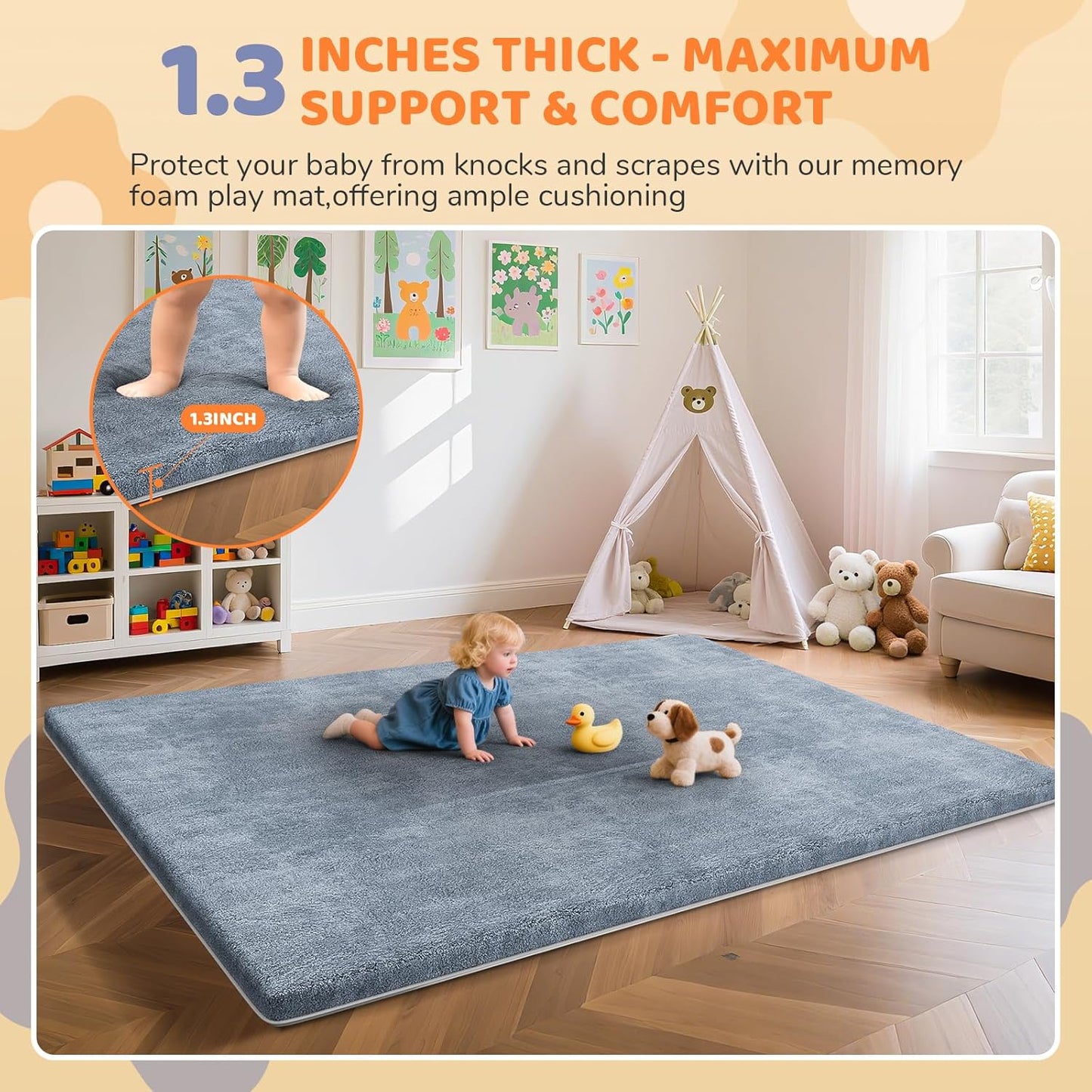 Omzer Baby Play Mat | 1.3" Thick Foam, 65x50 Inch, Soft Coral Velvet, Non-Slip Crawling Pad - Grey