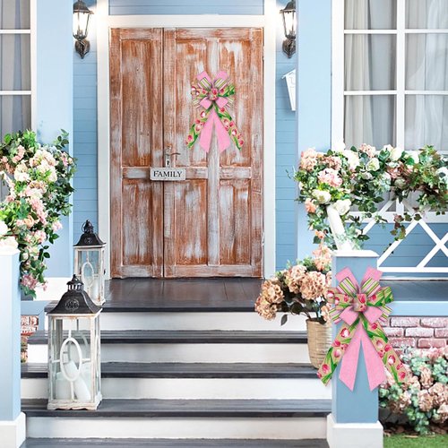 Hying Large Flower Bow - Pink Striped Burlap Craft Bow for Spring Wreaths & Easter Decor