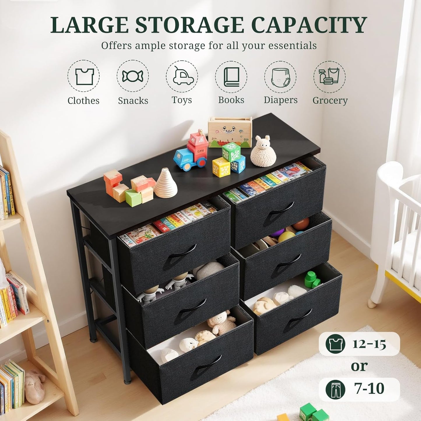Skiennix 6-Drawer Dresser - Anti-Tip Storage Organizer with Wooden Top & Metal Frame | Black