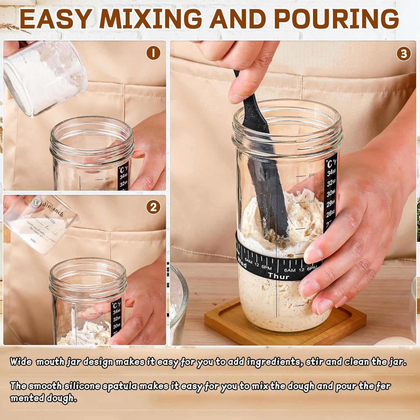 Skiennix Sourdough Starter Kit - 24 oz Glass Jar with Date Marked Feeding Band & Thermometer