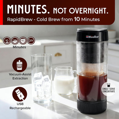 Mueller RapidBrew Cold Brew Coffee Maker - Fast 10-Minute Brewing | Portable & Rechargeable - 20 Servings, Black