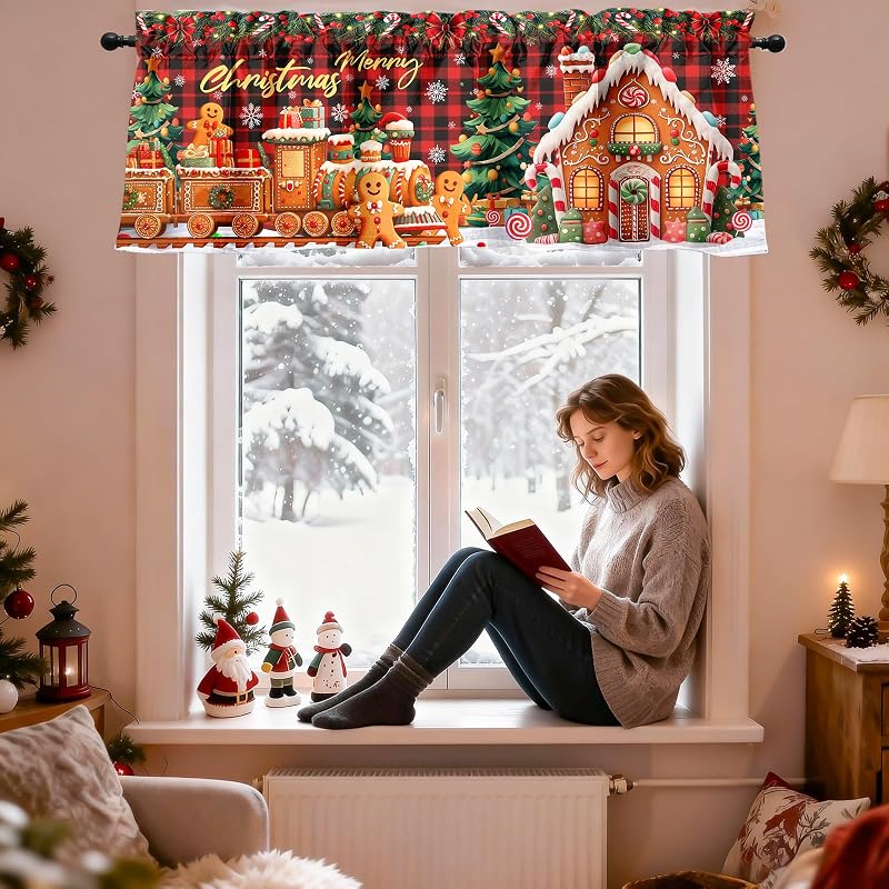 Gingerbread 2-Pack Christmas Valance Curtain 51x18 in - Peachskin Velvet, Rod Pocket