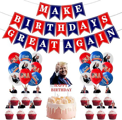 Make Birthdays Great Again Party Decorations Kit - Red & Blue Balloons, Banner & Cake Toppers for Patriotic Themes