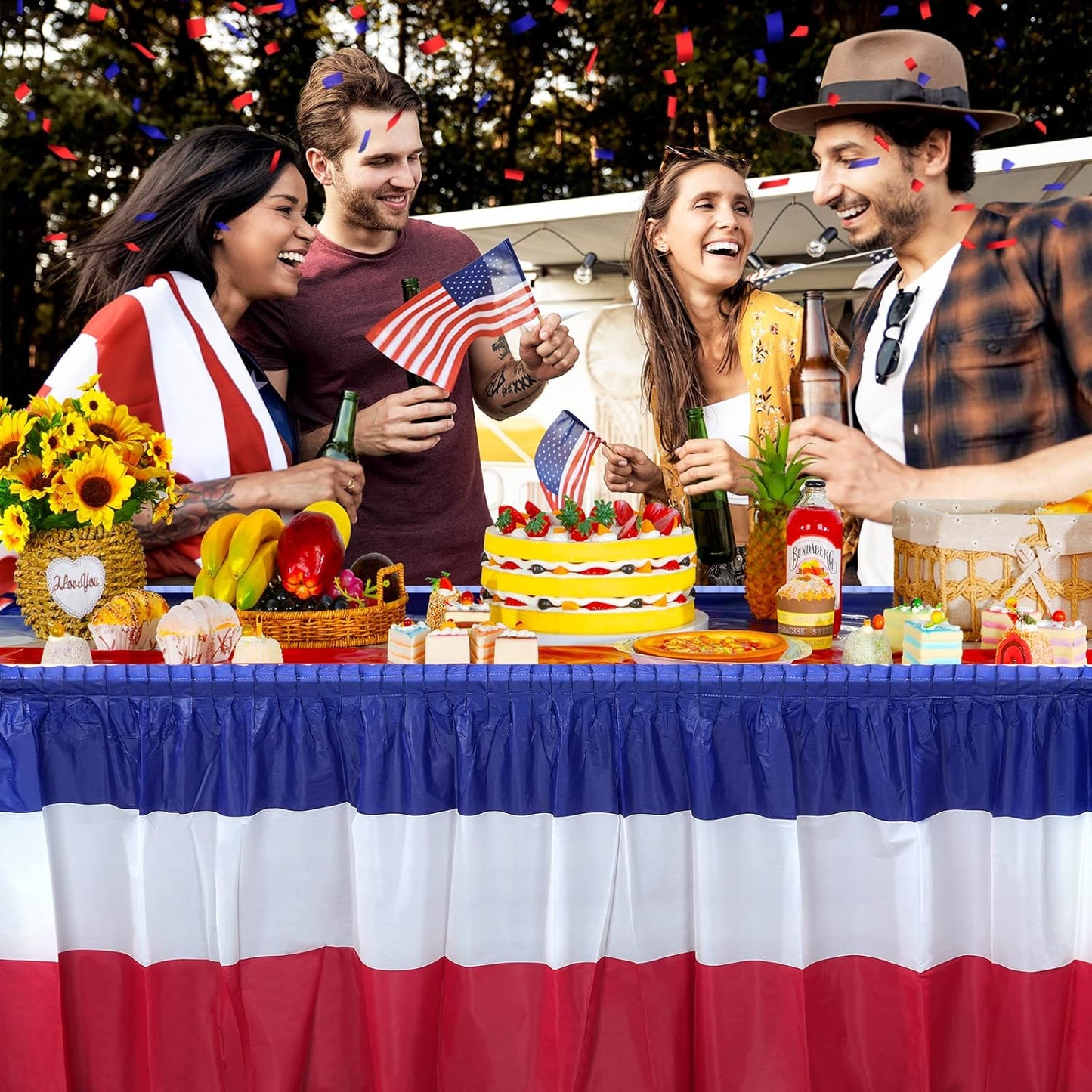 Patriotic Table Skirts by 3 Pack - Red, White & Blue Disposable Decorations | 2.4 x 14 Ft for 4th of July Celebrations