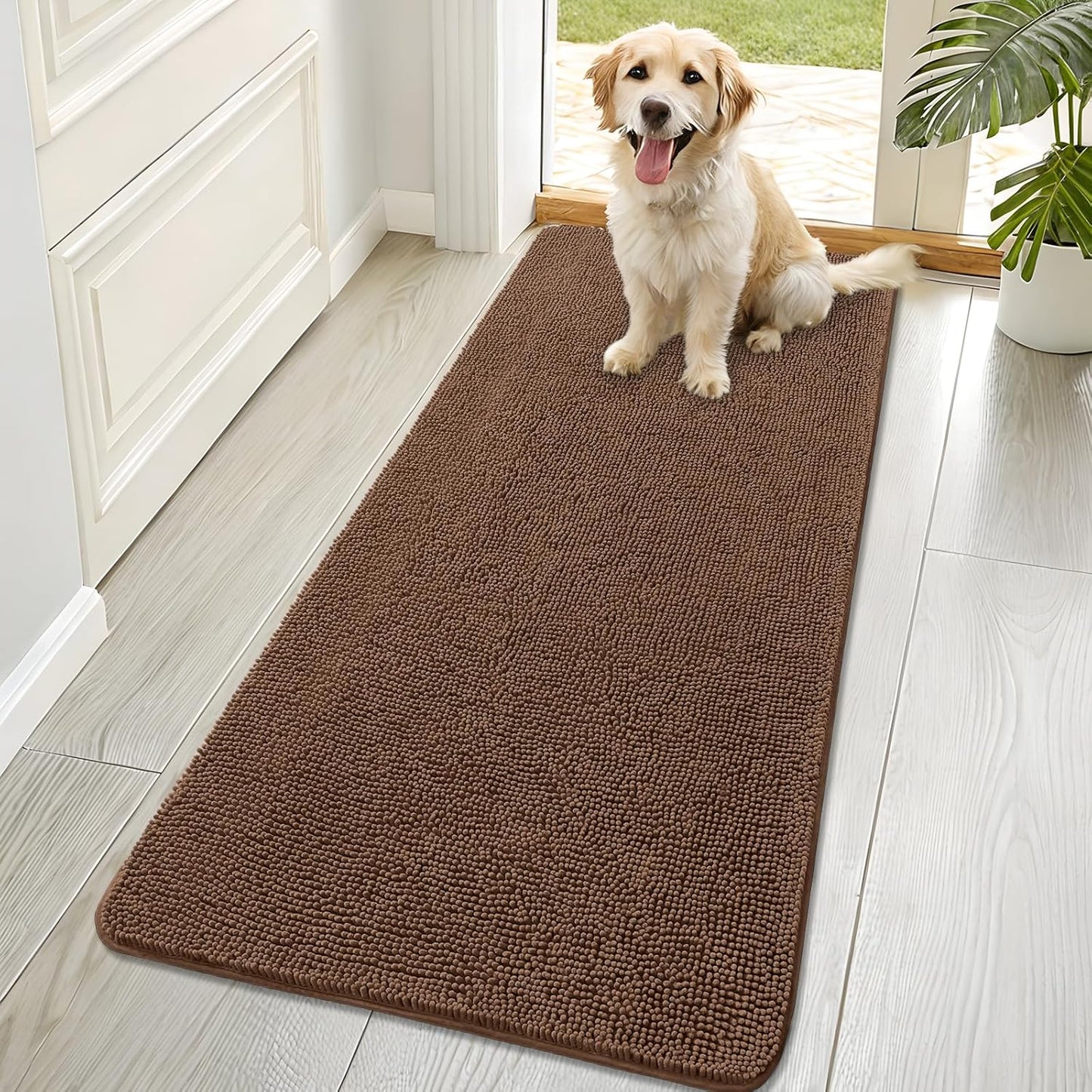 OLANLY Dog Door Mat - Absorbent Non-Slip Chenille Mat for Muddy Paws | 70x32 Mocha Color, Quick Dry