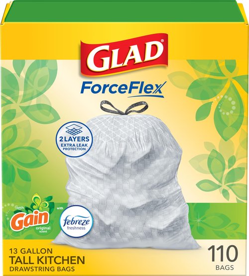 Glad ForceFlex Tall Kitchen Trash Bags, 13 Gal, Gain Original with Febreze, 110 Ct (Pack May Vary)
