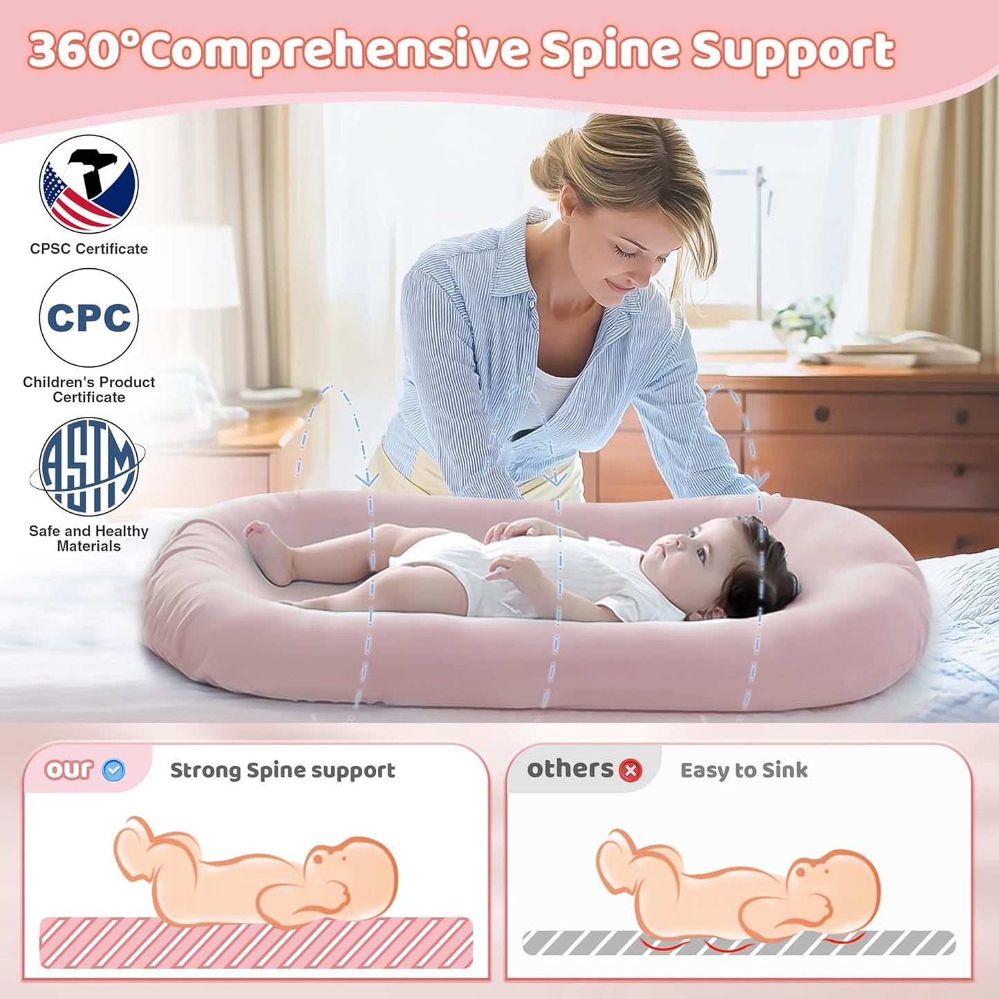 Skiennix Infant Support Cushion - Portable Tummy Time Mat for Newborns, Soft Cotton, Pink, 0-24 Months