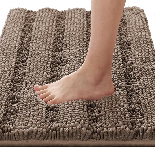 H.VERSAILTEX Bath Rugs for Bathroom Non Slip Bath Mats Extra Thick Chenille Striped Rug 20" x 32" Absorbent Non Skid Fluffy Soft Shaggy Washable Plush Mat for Indoor, Bath Room, Tub - Taupe Brown