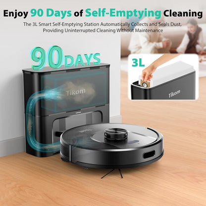 Tikom Robot Vacuum - 6000Pa Robotic Cleaner with Self-Emptying Base & LiDAR Navigation | Ideal for Pet Hair & Hard Floors (L8000 Plus)