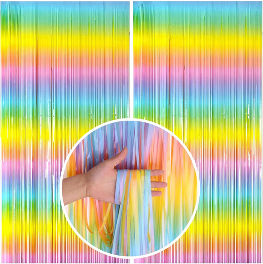 Skiennix Pastel Rainbow Foil Fringe Curtain - Vibrant Tinsel Streamers for Birthday & Easter Decor