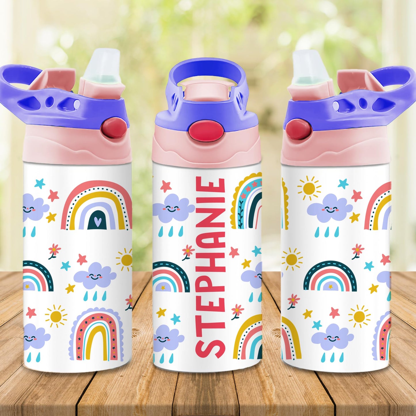 Personalized Kids Water Bottle | 12 Oz Double Wall Insulated Stainless Steel Tumbler | Custom Name Leak-Proof Cup with Straw | Back to School Gift for Toddlers, Children, Boys, Girls | Rainbow