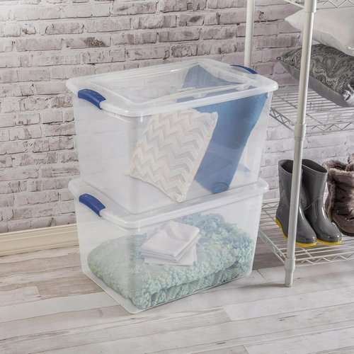 Clear Plastic Storage Bins by [Brand Name] - 66 Quart Durable Containers with Secure Blue Latch Lid | Stackable for Home & Garage Organization