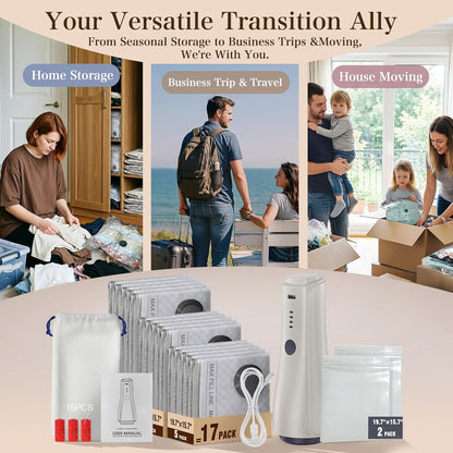 QcoQce Vacuum Storage Bags - Rechargeable Electric Pump for Space-Saving Travel & Seasonal Storage