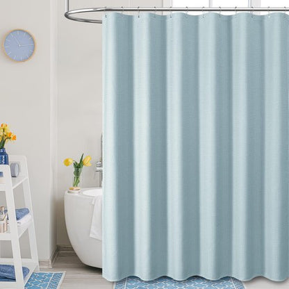Dynamene Extra Wide Shower Curtain - 84 Inch Wide Waffle Weave Weighted Thick Cloth Bathroom Shower Curtain, Neutral Heavy Duty Hotel Bath Curtain Set with 14 Plastic Hooks, 84x72, Fog Blue