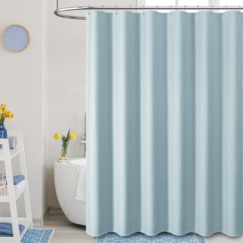Dynamene Long Fabric Shower Curtain - Waffle Textured Tall Heavy Duty Cloth Shower Curtains for Bathroom, 256GSM Large Hotel Spa Luxury Bath Curtain Set with 12 Plastic Hooks(72Wx80H, Fog Blue)
