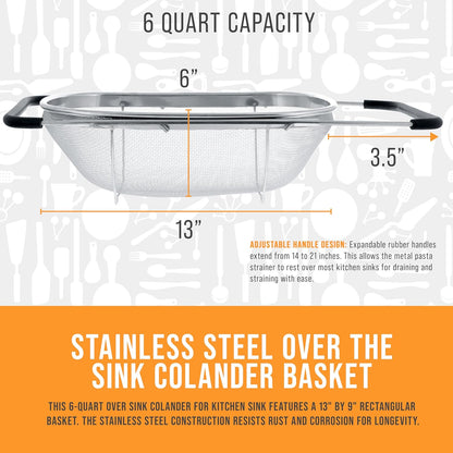 U.S. Kitchen Supply Stainless Steel Colander - 6-Quart Collapsible Design with Expandable Rubber Handles