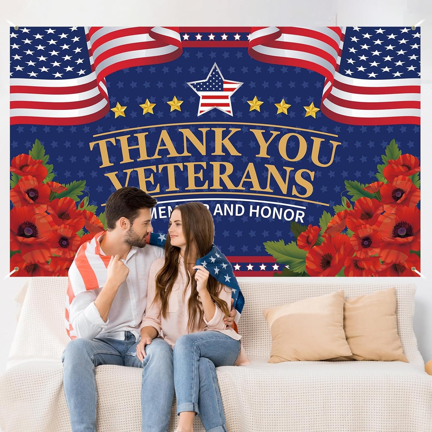 Veterans Day Decorations - Red Poppies Thank You Banner | Patriotic Fourth of July Backdrop