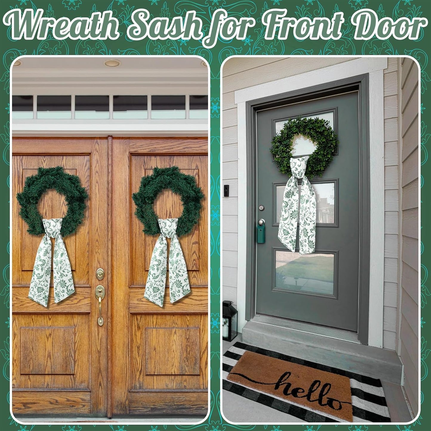 VitalCozy Wreath Sash - 2 Pcs Garland Ribbon Accessories for Indoor/Outdoor Decor | 4.5" W x 56" L (Green)