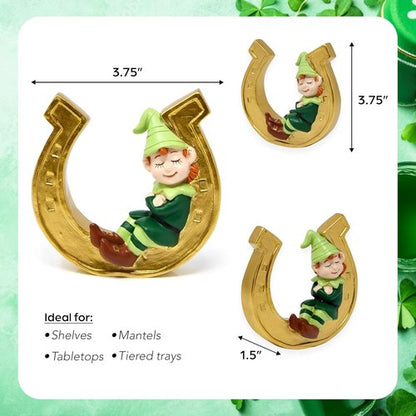 Gift Boutique St. Patrick’s Day Leprechaun Figurine - Lucky Charm Ornament on Golden Horseshoe for Home & Office Decor