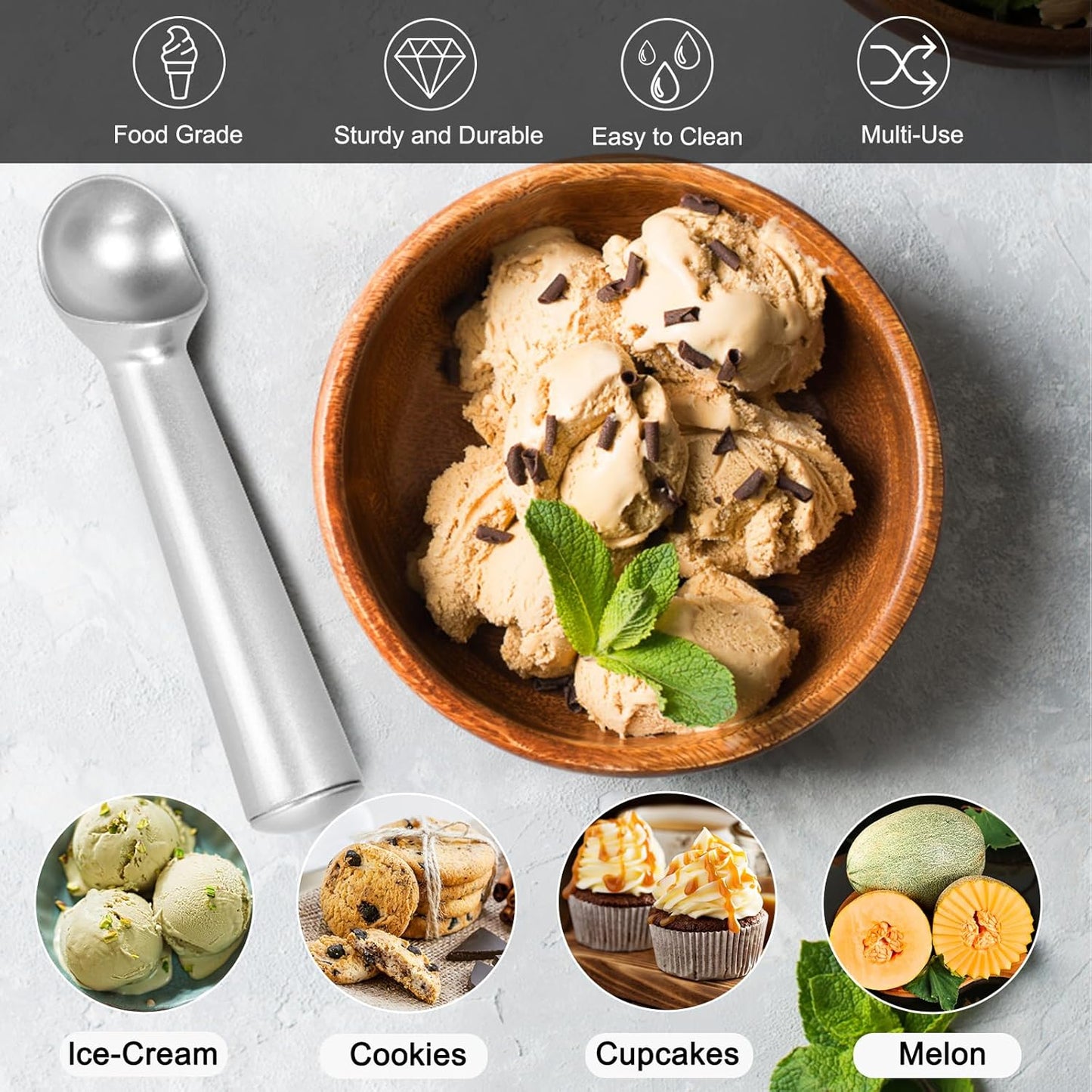 Skiennix 7-Inch Ice Cream Scoop - Nonstick Aluminum Professional Spoon - Durable & Easy to Clean - Silver