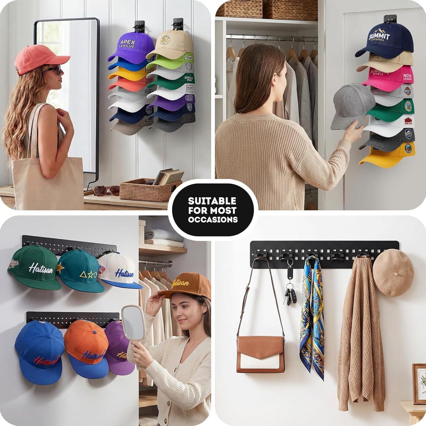 Skiennix 2-Pack Hat Organizer - Detachable DIY Wall Rack Holds Up to 22 Baseball Caps | Black