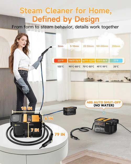 Gautye Steam Cleaner - Handheld Steamer with 3-Level Adjustable Handle & 18 Accessories | 2.11 Qt Tank