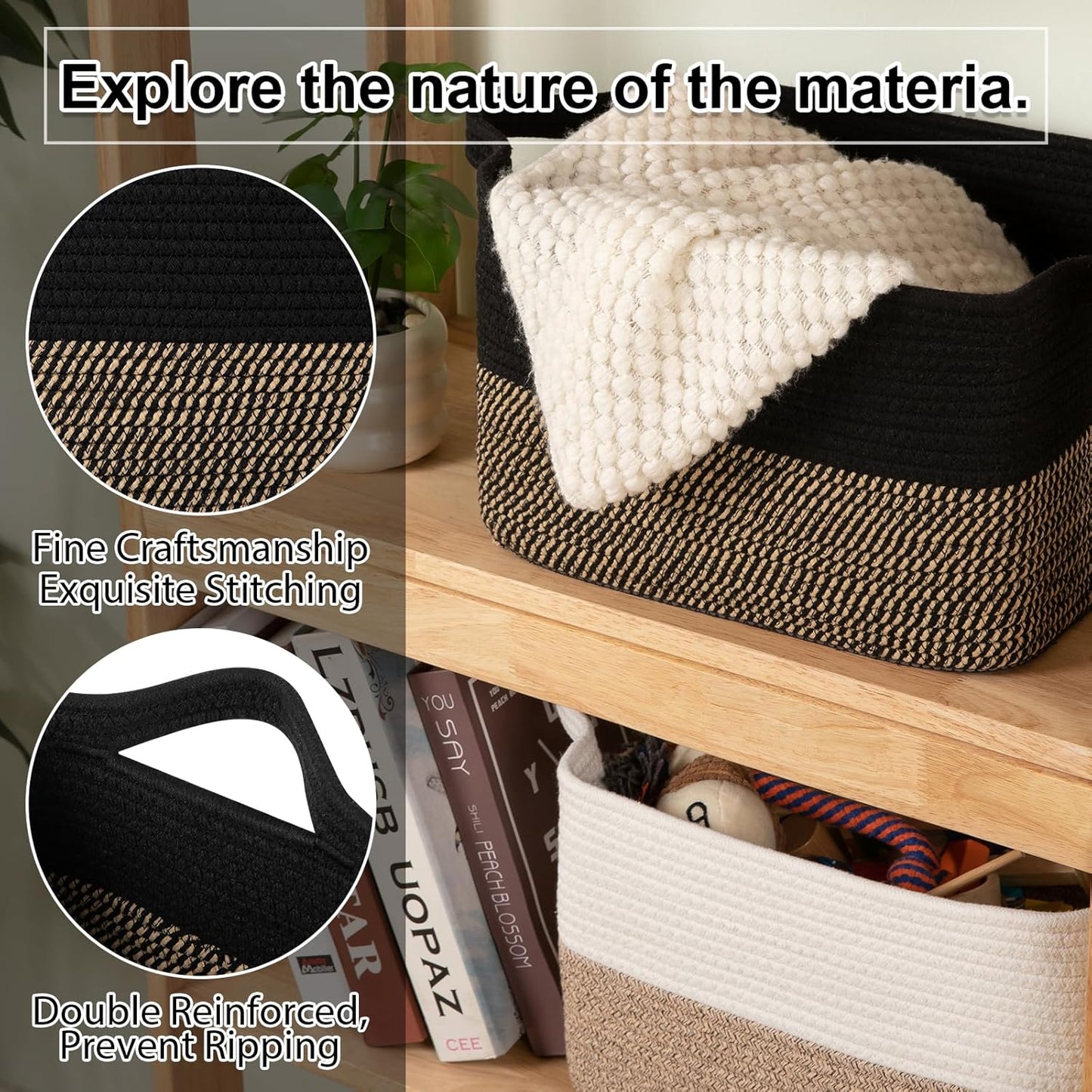 OIAHOMY Woven Storage Basket - Rectangle Cotton Rope Organizer for Toys, Towels, Books | 13 x 10 x 9 in, Black & Brown