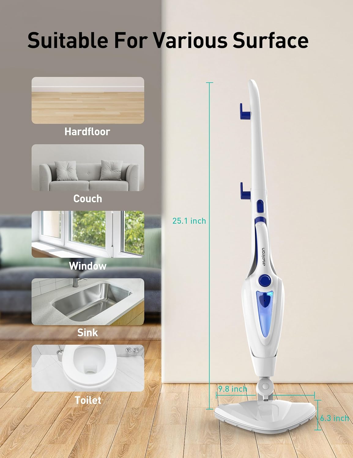 Skiennix 12-in-1 Steam Mop - Fast 15-Sec Heat-Up, 1500W Handheld Cleaner with 2 Dirt Grip Pads | Removes 99.99% Stains on Floors, Clothes, Windows, Tiles, Furniture - White