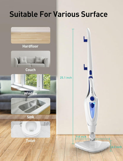 Skiennix 12-in-1 Steam Mop - Fast 15-Sec Heat-Up, 1500W Handheld Cleaner with 2 Dirt Grip Pads | Removes 99.99% Stains on Floors, Clothes, Windows, Tiles, Furniture - White